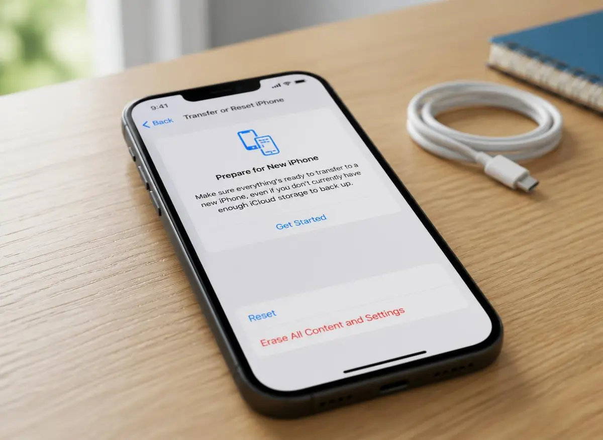 iPhone showing the Erase All Content and Settings option next to a cloud backup icon