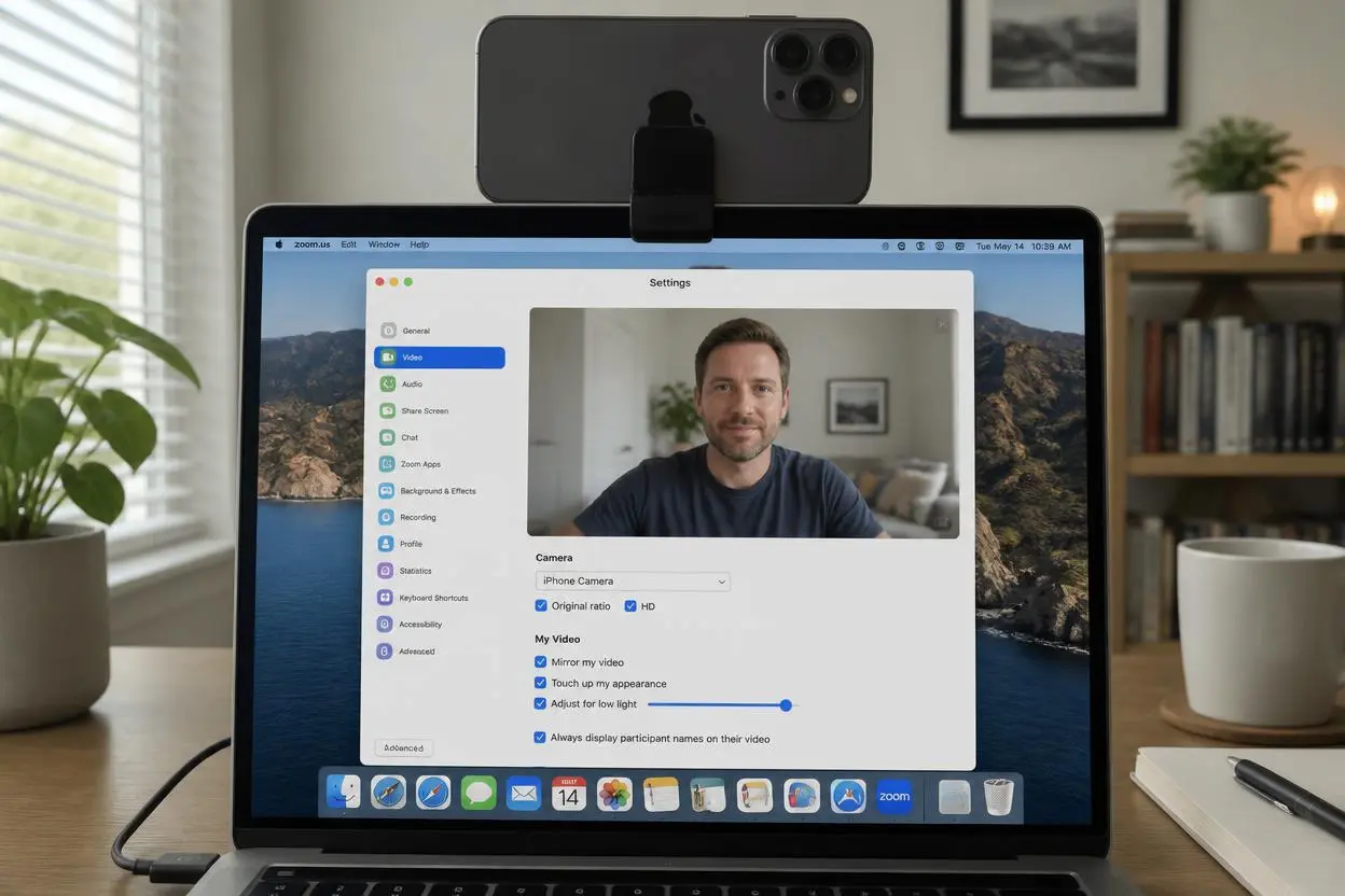 iPhone mounted on top of a MacBook screen and the Zoom video settings with iPhone Camera selected