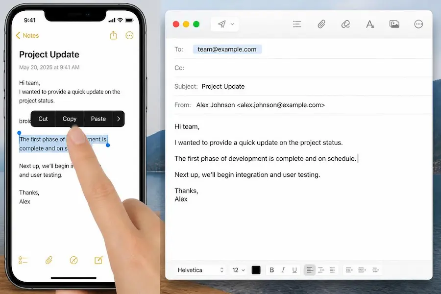 iPhone with the Copy menu open in Notes next to a Mac Mail window where the same text has been pasted
