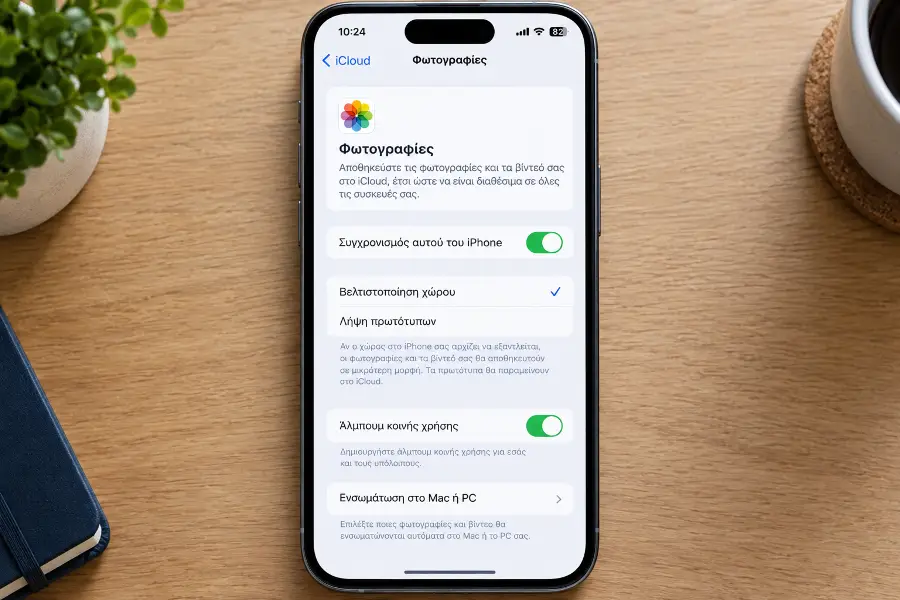Οι ρυθμίσεις iCloud στο iPhone με ενεργό το iCloud Photos