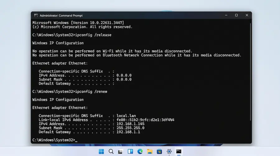An administrator Command Prompt window in Windows 11 after running ipconfig renew