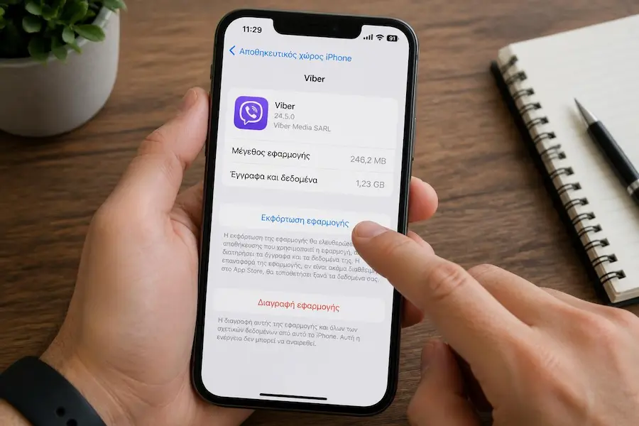 Οθόνη αποθηκευτικού χώρου iPhone με την επιλογή Εκφόρτωση εφαρμογής