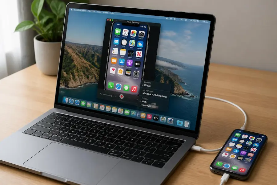 QuickTime Player on a Mac showing the iPhone screen with the iPhone selected as the camera