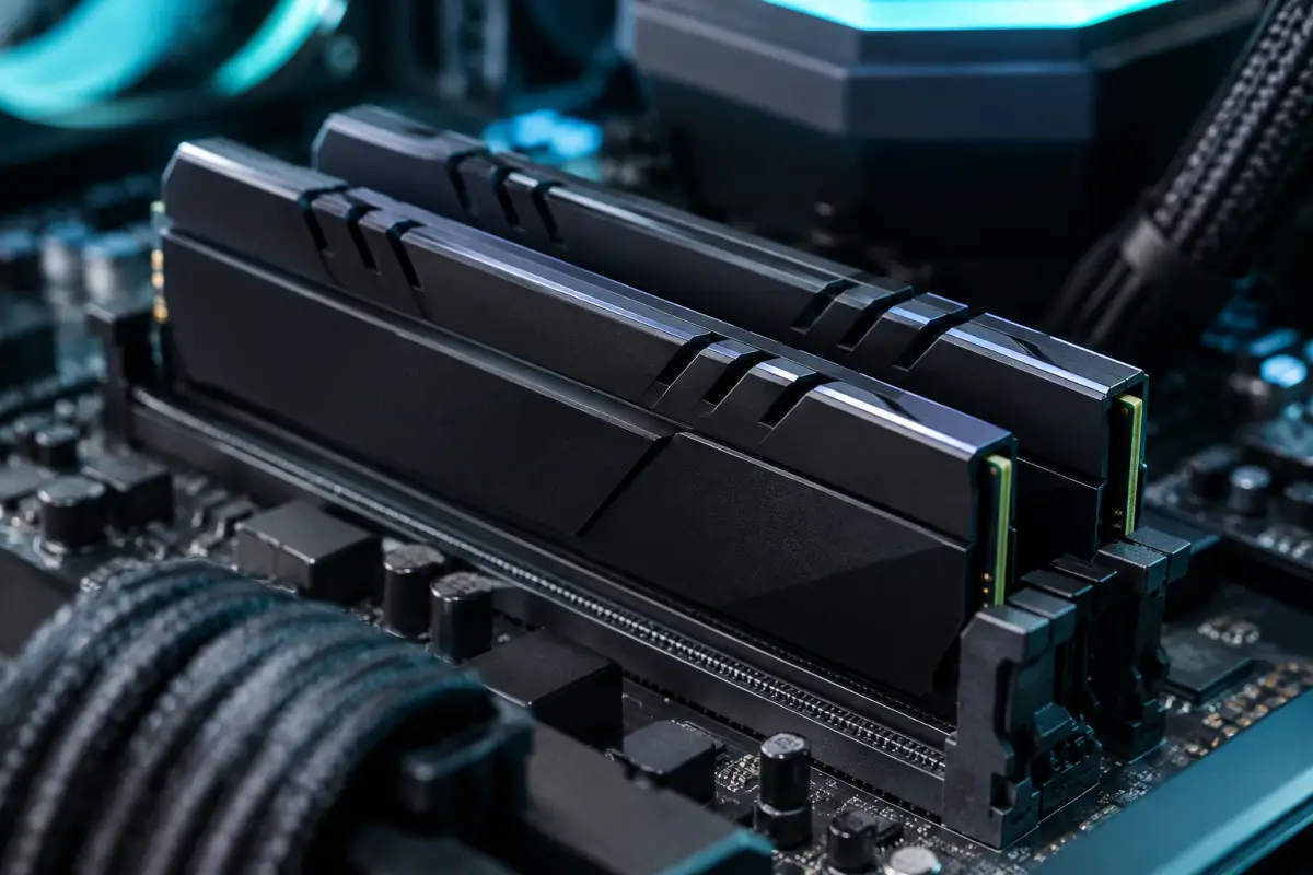 Μνήμες RAM DDR5 με ψύκτρες πάνω σε μητρική πλακέτα υπολογιστή