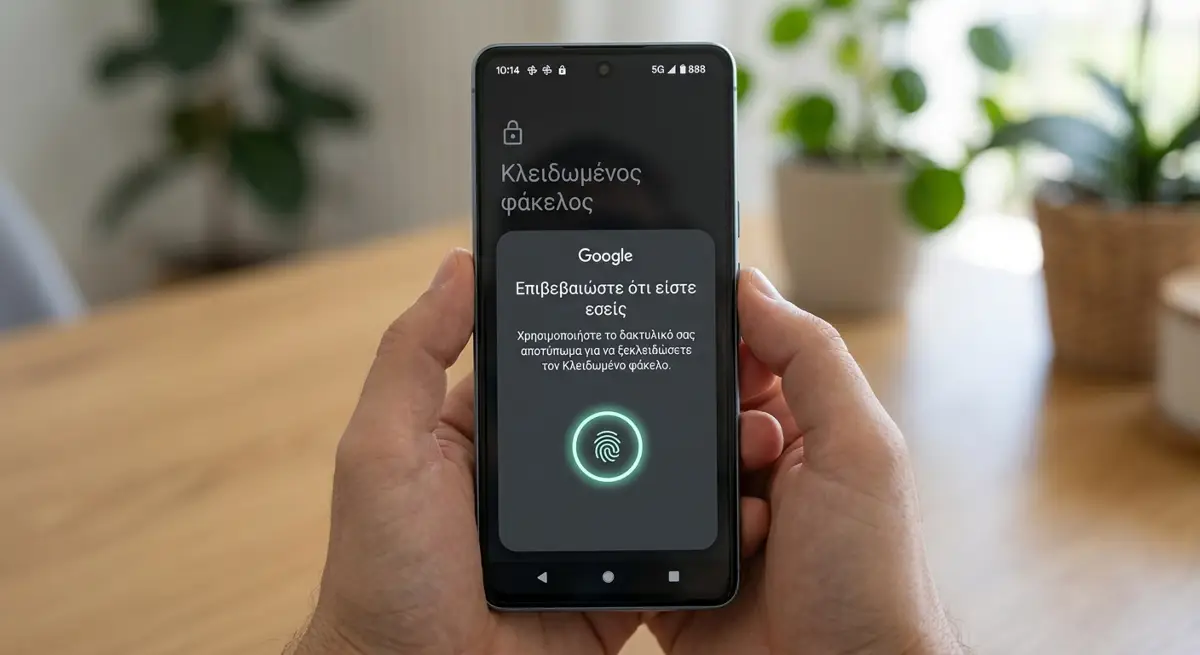 Οθόνη Android με κλειδωμένο φάκελο φωτογραφιών και επιλογή αποτυπώματος