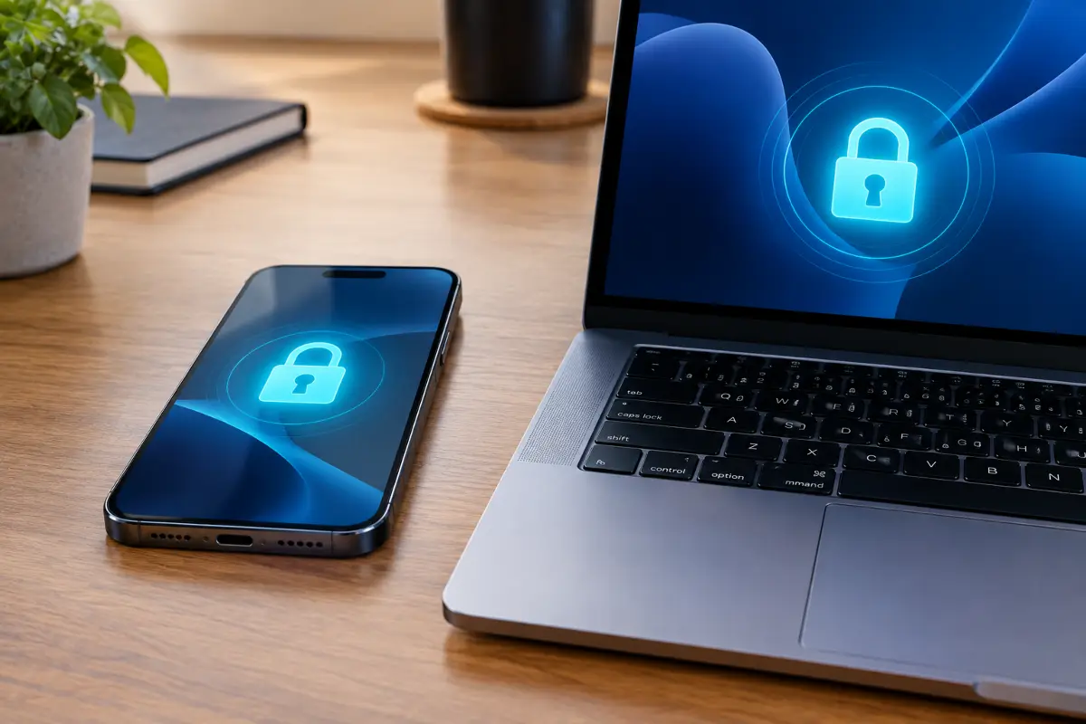 Κλειδωμένος φάκελος με φωτογραφίες σε smartphone και υπολογιστή, εικονίδιο λουκέτου