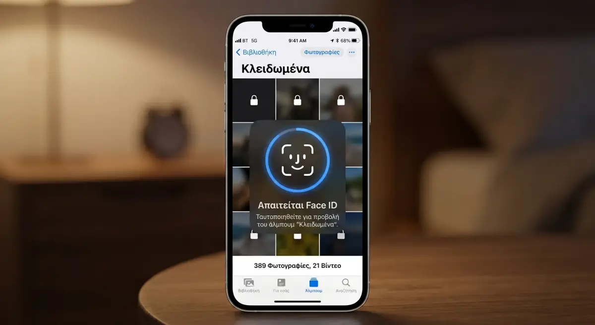 Οθόνη iPhone με το Κλειδωμένο Άλμπουμ φωτογραφιών και Face ID