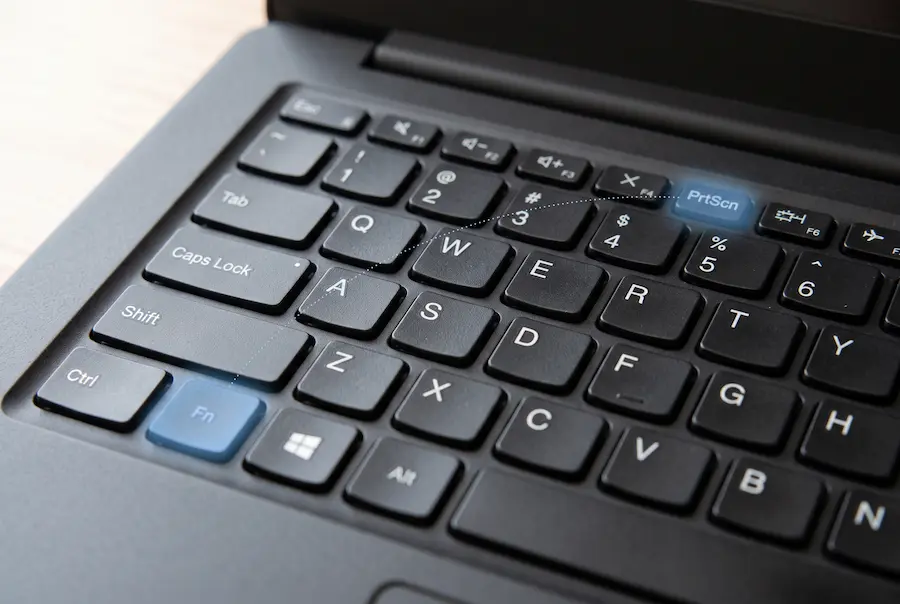 Laptop keyboard close-up showing the Fn key and the Print Screen key