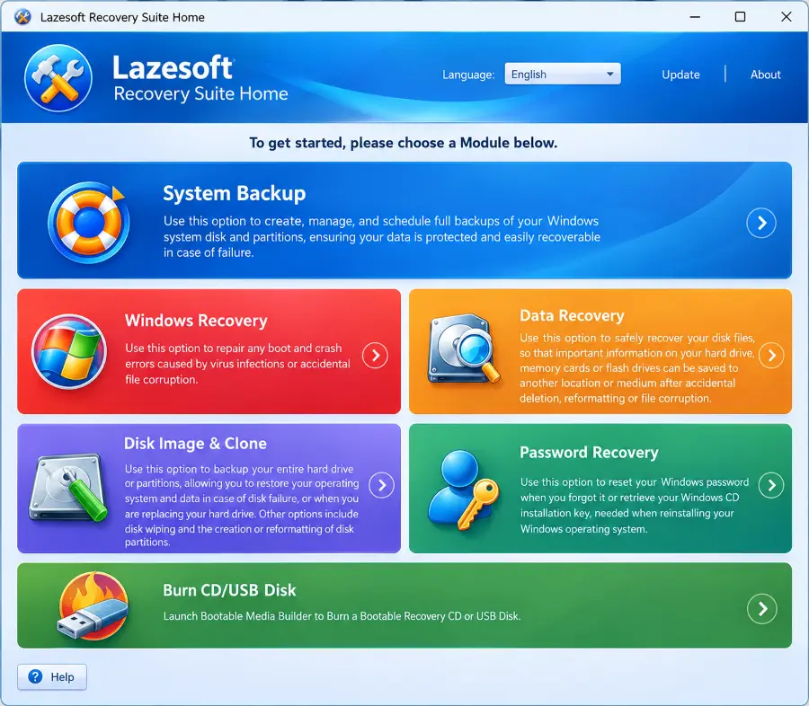 Το κεντρικό παράθυρο του Lazesoft Recovery Suite Home 5.3 με τα τέσσερα εργαλεία