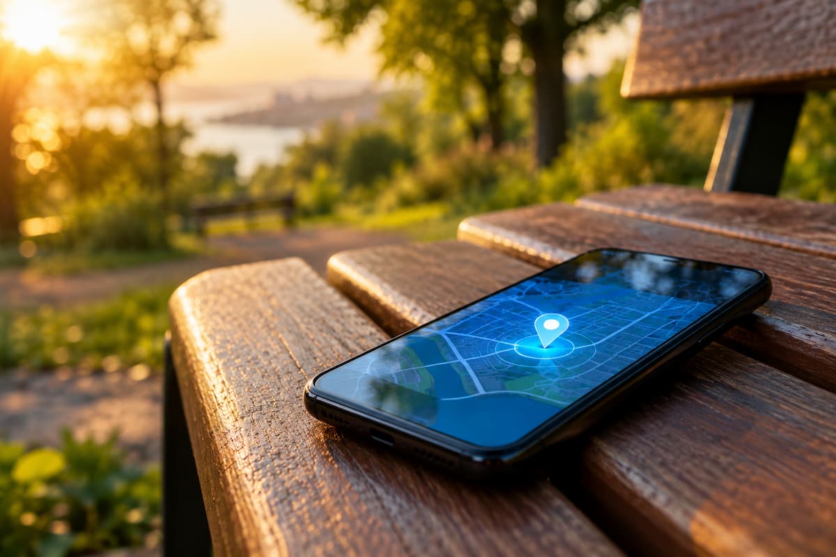 Smartphone lying on a park bench with a map and location pin glowing on its screen