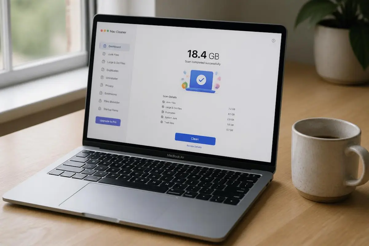 MacBook on a desk showing a Mac cleaner app after a storage scan
