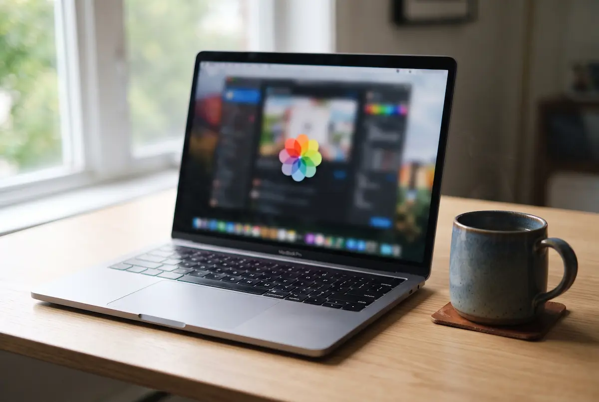 MacBook on a desk with a frozen app window and the spinning rainbow wheel on screen