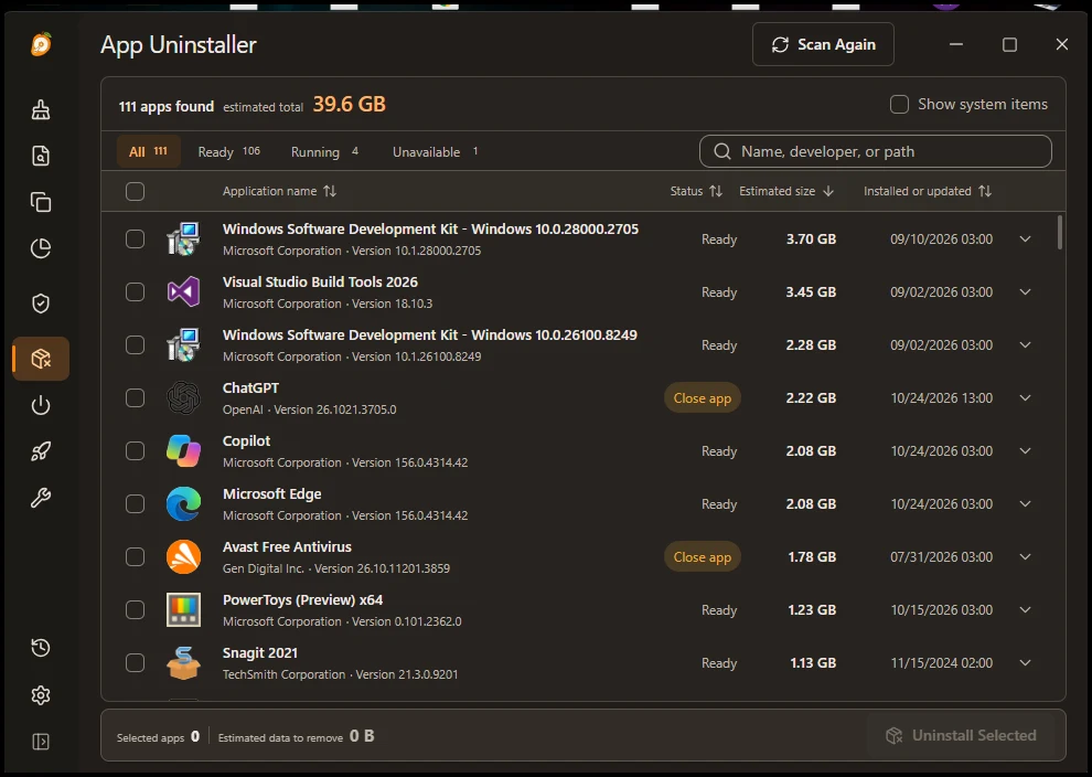 Η λίστα εφαρμογών του App Uninstaller του MangoDisk με μέγεθος, κατάσταση και ημερομηνία εγκατάστασης