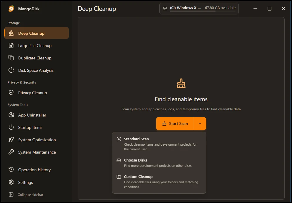 Η οθόνη Deep Cleanup του MangoDisk στα Windows με το κουμπί Start Scan και το μενού με Standard Scan, Choose Disks και Custom Cleanup