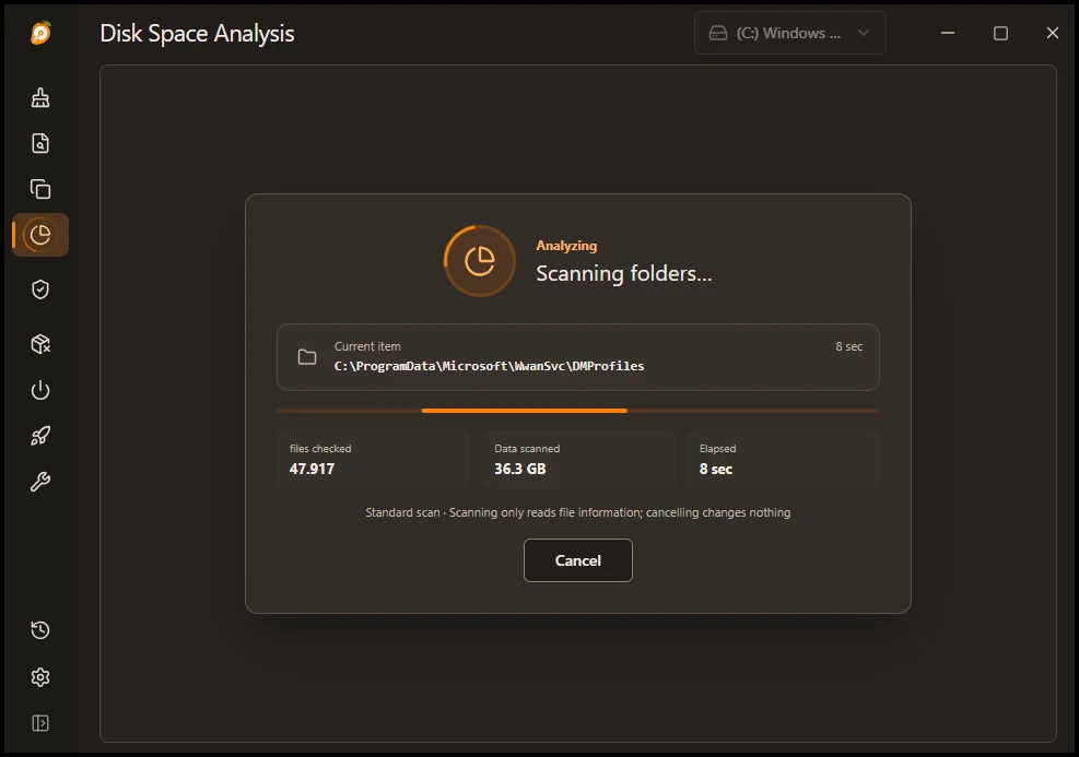 Η σάρωση του δίσκου (C:) στο Disk Space Analysis του MangoDisk με αριθμό αρχείων, δεδομένα και χρόνο