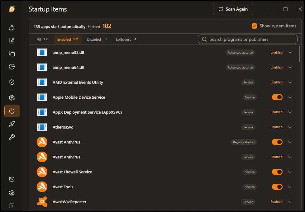 Η οθόνη Startup Items του MangoDisk με τα προγράμματα και τις υπηρεσίες που ξεκινούν αυτόματα