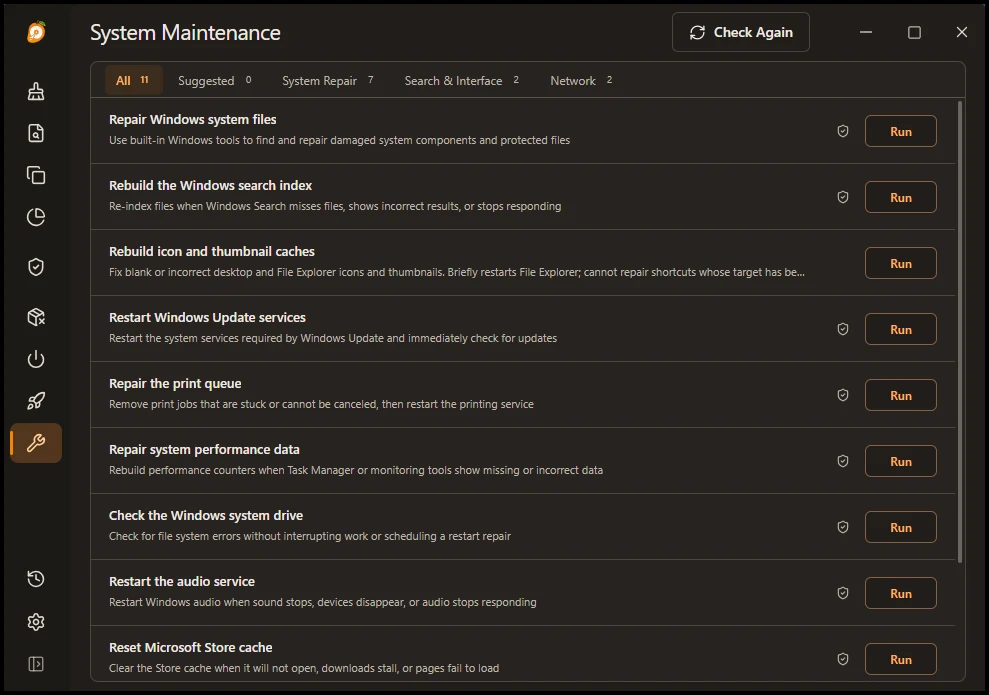Η οθόνη System Maintenance του MangoDisk με επισκευές των Windows και κουμπιά Run