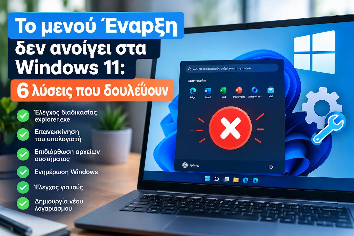 Οθόνη Windows 11 με το κουμπί Έναρξη που δεν ανταποκρίνεται