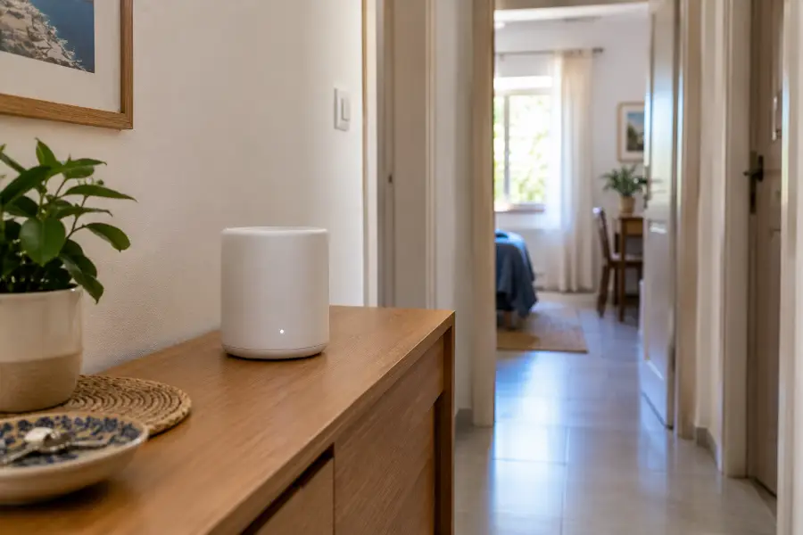 Κεραία συστήματος Mesh Wi-Fi τοποθετημένη σε διάδρομο σπιτιού