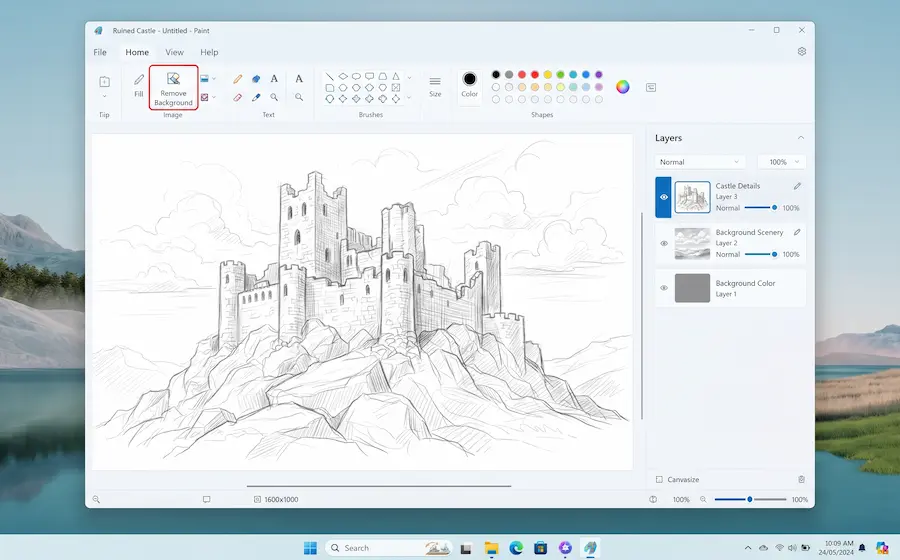 Το Microsoft Paint των Windows 11 με το πάνελ επιπέδων και το κουμπί αφαίρεσης φόντου