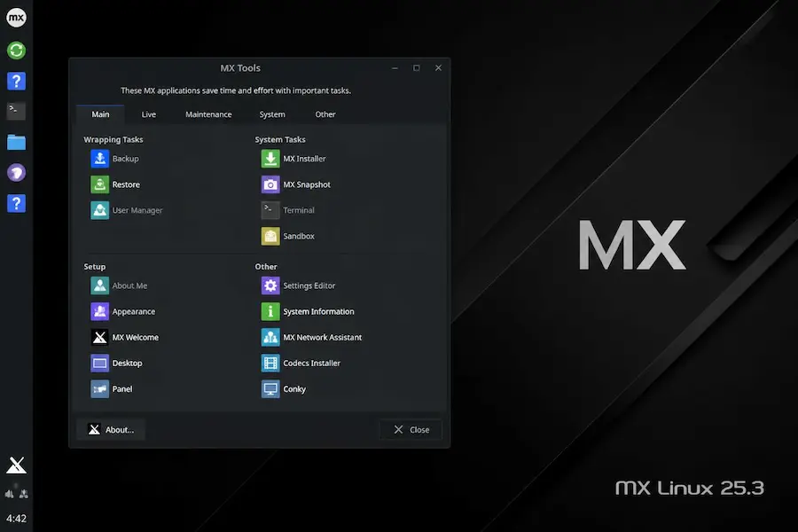 Η επιφάνεια εργασίας του MX Linux 25.3 με Xfce
