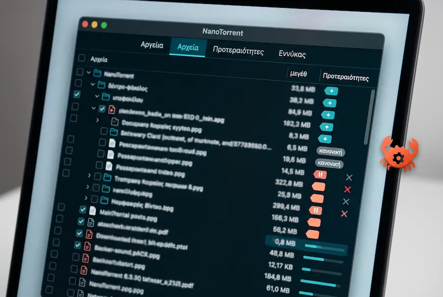 Η καρτέλα Αρχεία του NanoTorrent με δέντρο φακέλων και προτεραιότητες ανά αρχείο