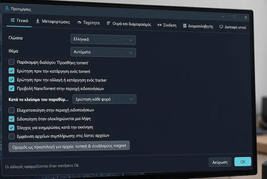 Το παράθυρο ρυθμίσεων του NanoTorrent με έξι καρτέλες