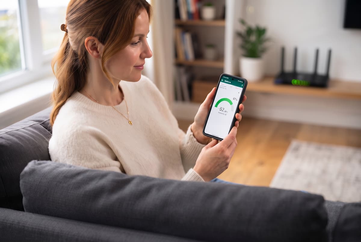 Smartphone Android που δείχνει μετρητή σήματος Wi-Fi σε σαλόνι, με router στο βάθος