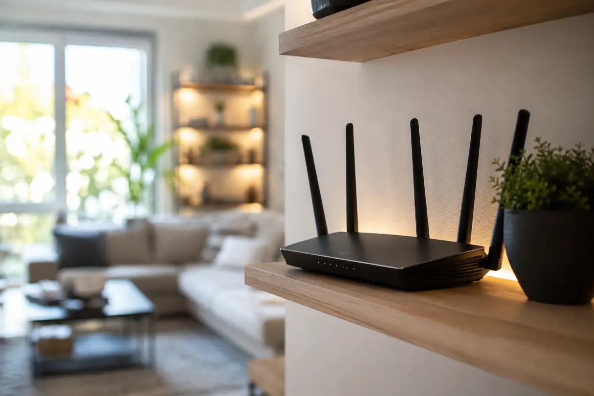 Σύγχρονο Wi-Fi router τοποθετημένο σε κεντρικό, ψηλό σημείο ενός σπιτιού