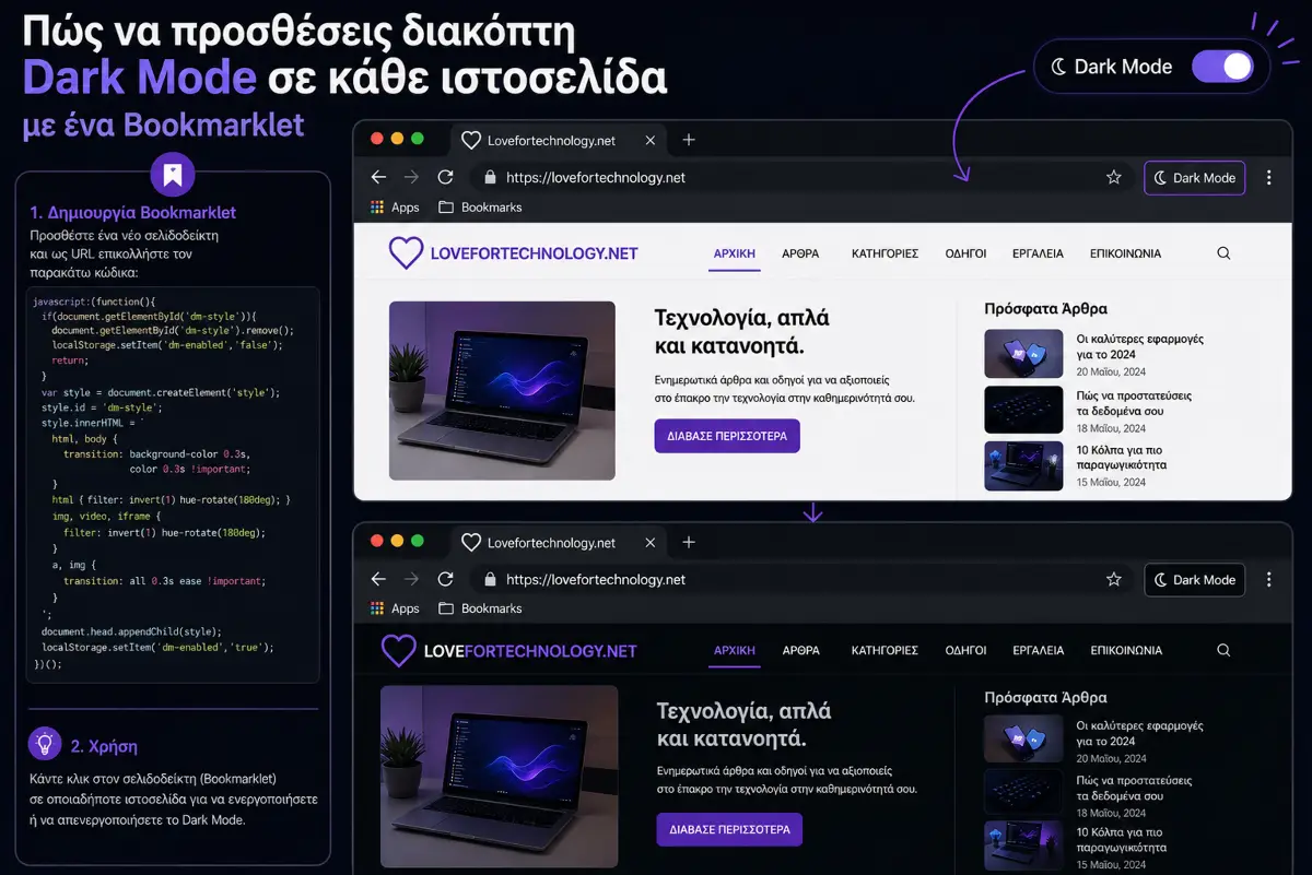 Πώς να προσθέσεις διακόπτη Dark Mode σε κάθε ιστοσελίδα με ένα Bookmarklet