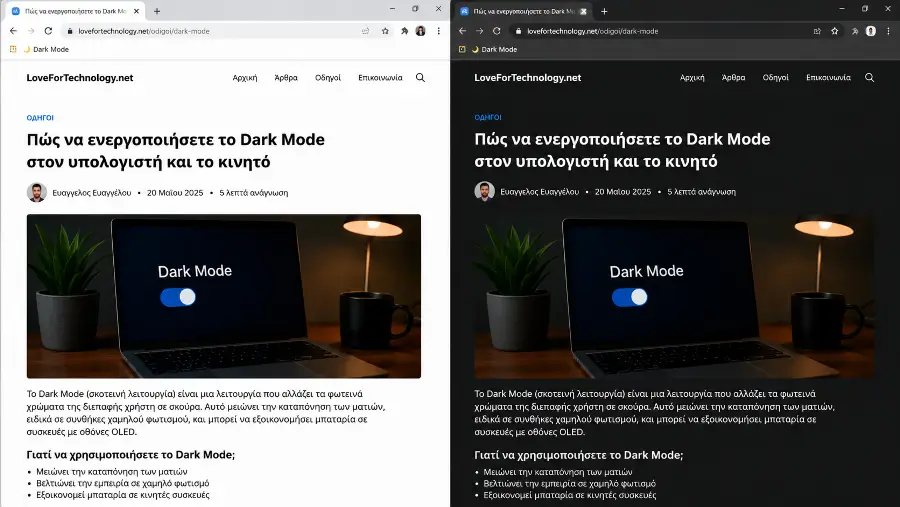 Σύγκριση της ίδιας ιστοσελίδας πριν και μετά την ενεργοποίηση του Dark Mode bookmarklet