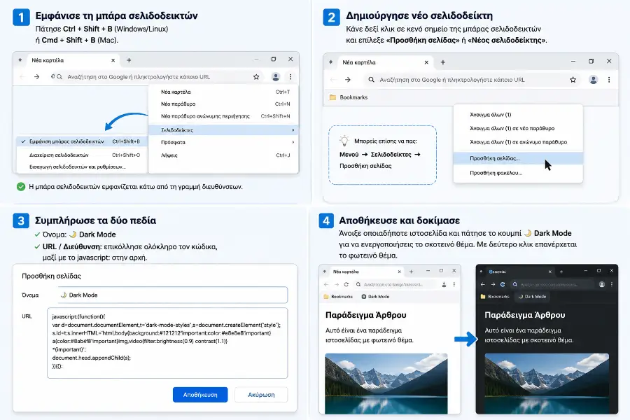 Οδηγίες προσθήκης του Dark Mode bookmarklet στη μπάρα σελιδοδεικτών