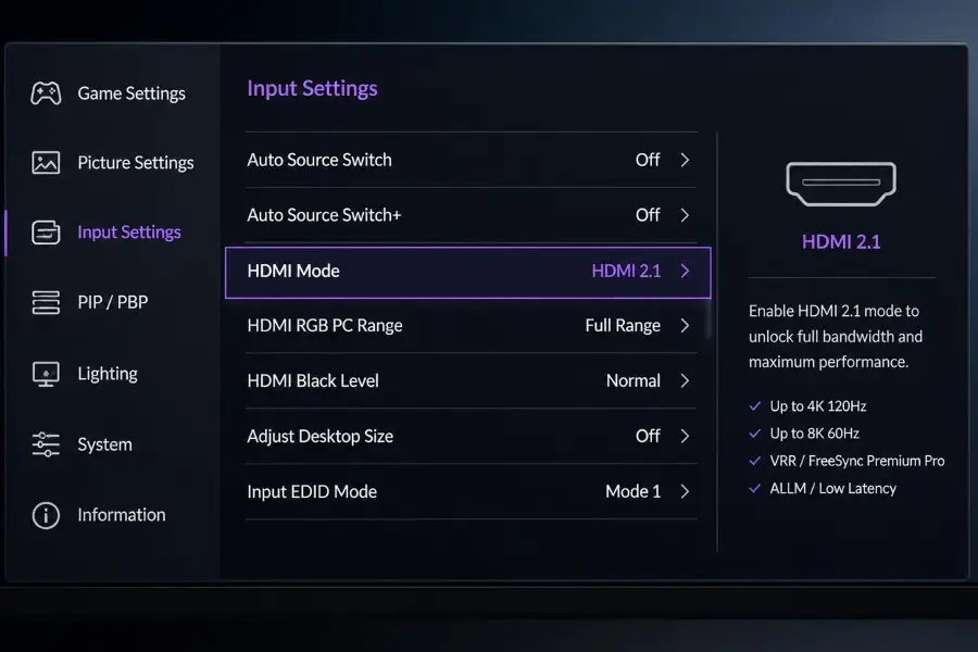 Το μενού της οθόνης (OSD) με την επιλογή HDMI Mode ρυθμισμένη στο HDMI 2.1