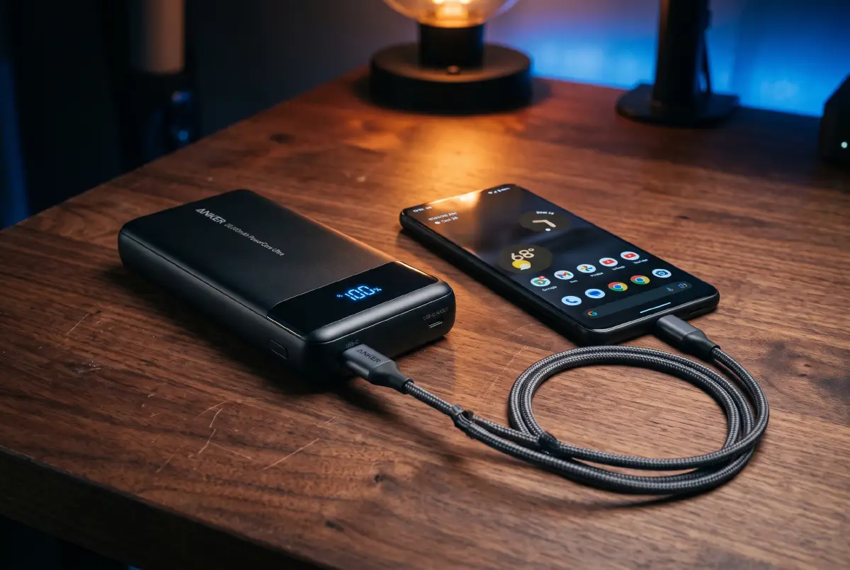 Ένα σύγχρονο power bank 20.000mAh δίπλα σε smartphone πάνω σε γραφείο