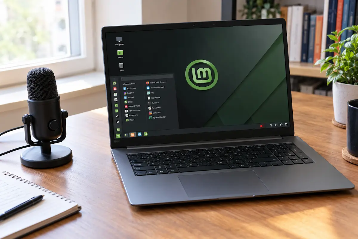 Laptop running the Linux Mint Cinnamon desktop with a screen recording in progress and a red recording dot in the panel