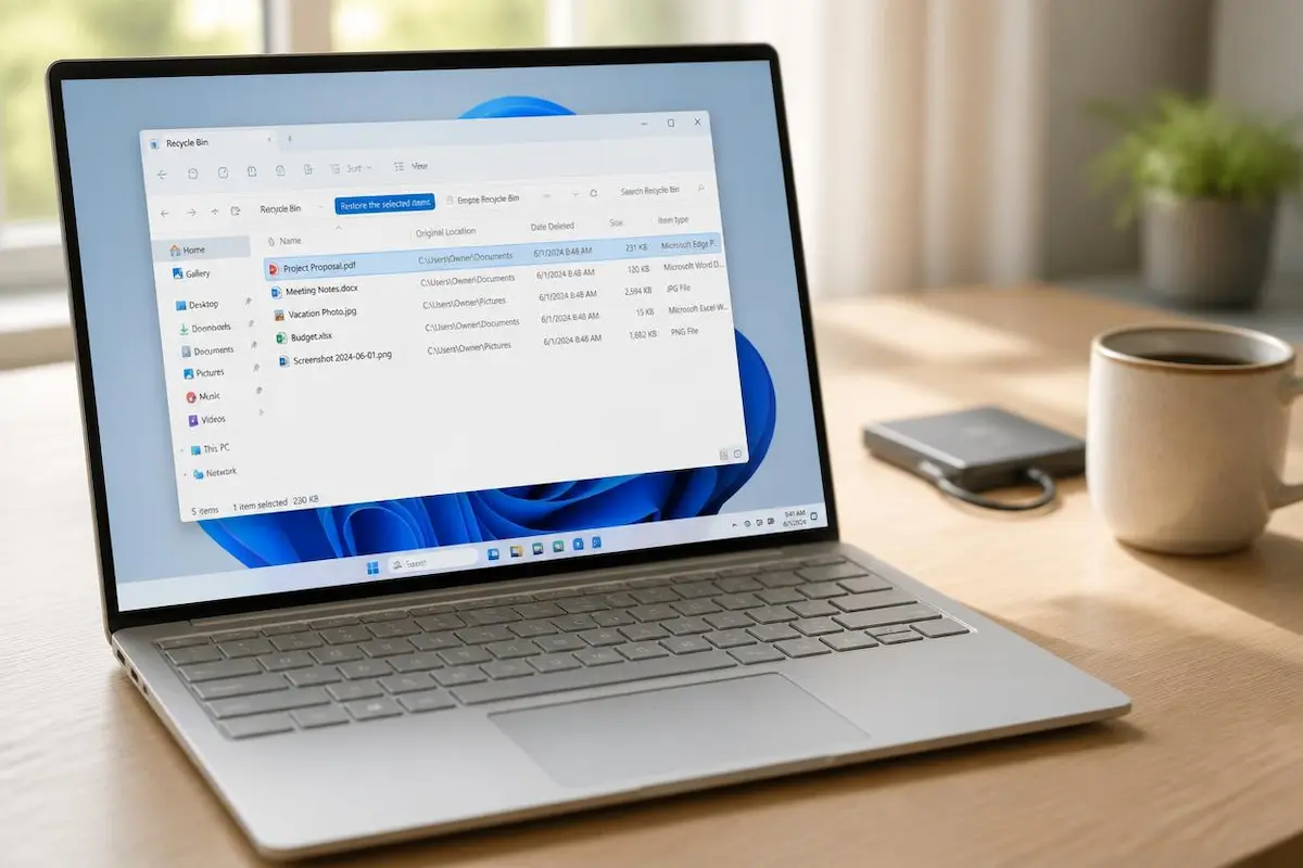 Windows 11 laptop showing the Recycle Bin with a deleted document selected for restoring