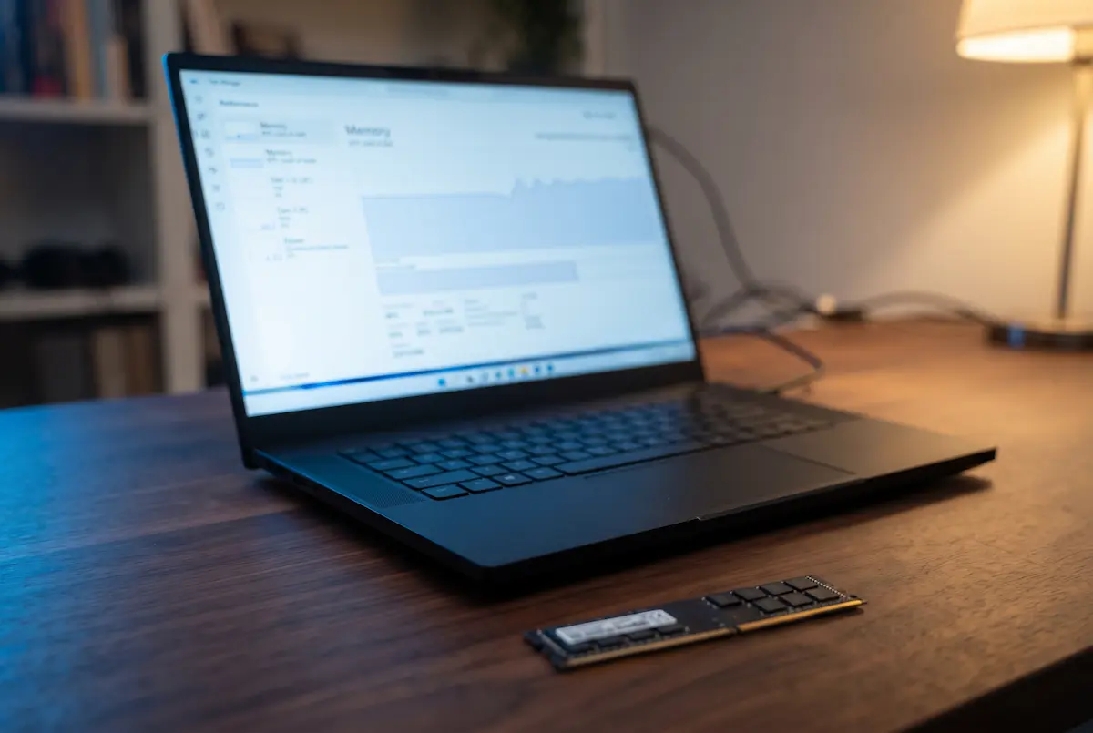 Gaming laptop on a desk showing the Windows 11 Task Manager memory graph next to a RAM stick
