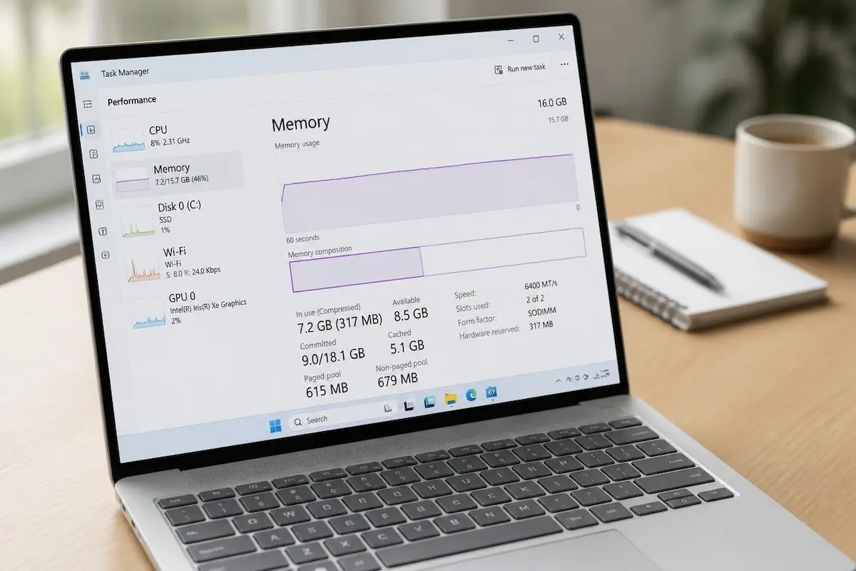 Windows 11 laptop showing the Task Manager Performance tab with the memory graph