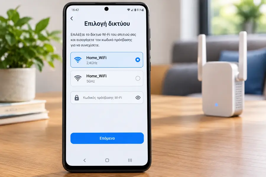 Οθόνη εφαρμογής κινητού κατά τη ρύθμιση Wi-Fi extender με επιλογή οικιακού δικτύου