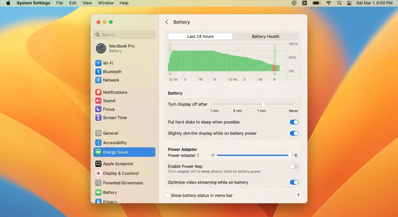 Στιγμιότυπο οθόνης macOS με τις ρυθμίσεις εξοικονόμησης ενέργειας