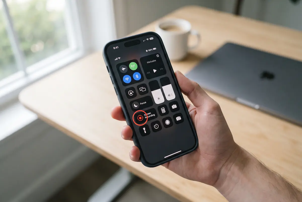 iPhone showing Control Center with the Screen Recording button, held in one hand next to a laptop