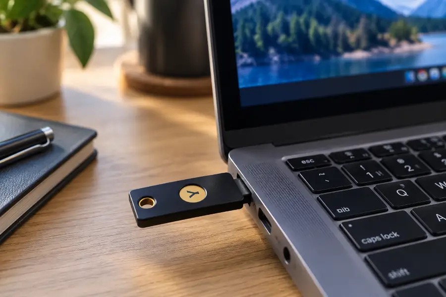 Φυσικό hardware security key τύπου YubiKey σε θύρα USB υπολογιστή
