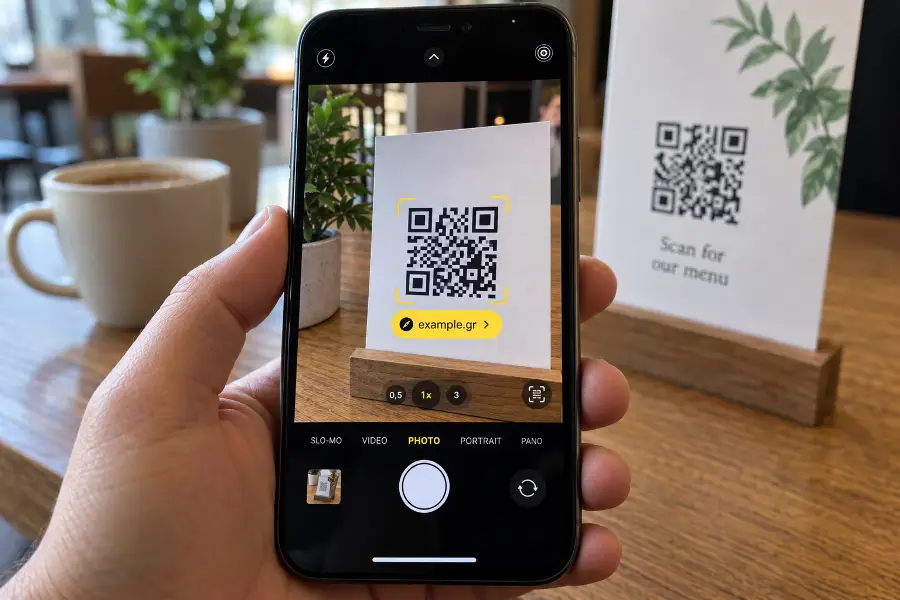 Κάμερα iPhone που αναγνωρίζει QR κωδικό και δείχνει κίτρινο κουμπί με το όνομα της ιστοσελίδας
