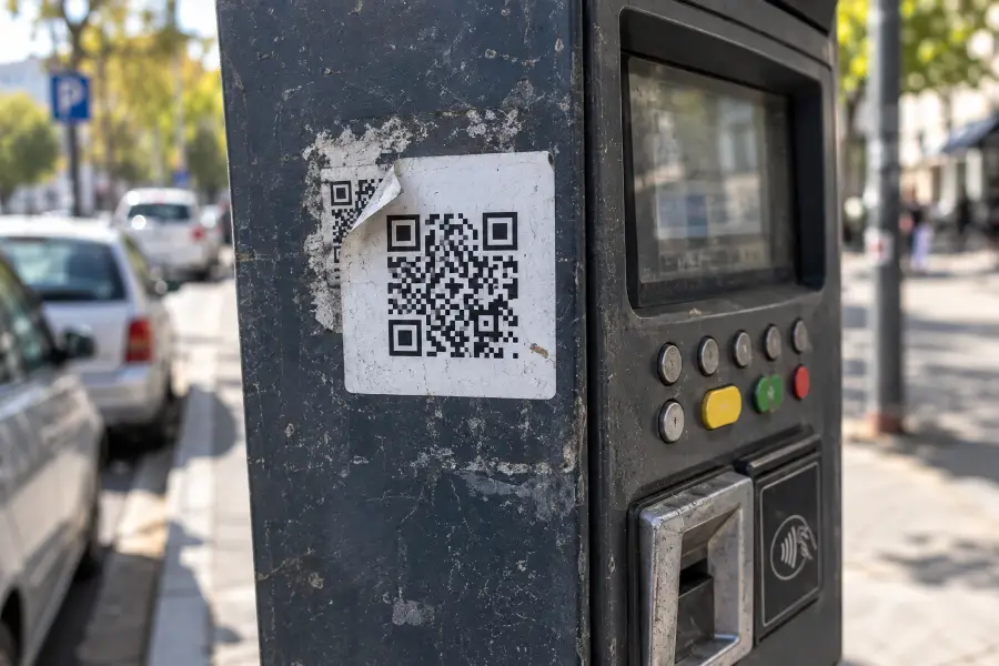 Ψεύτικο αυτοκόλλητο QR κολλημένο πάνω από τον αυθεντικό κωδικό σε παρκόμετρο
