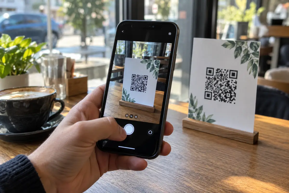 Χέρι που κρατάει κινητό και σκανάρει QR κωδικό με την ενσωματωμένη κάμερα