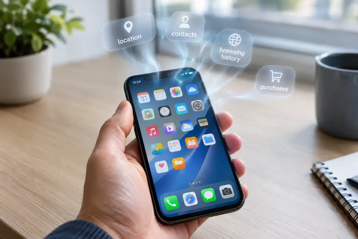 A smartphone home screen surrounded by icons representing location, contacts and browsing data being collected by apps