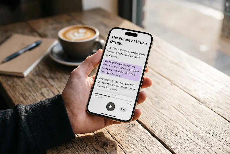Smartphone showing an article being read aloud by an AI voice with a highlighted sentence