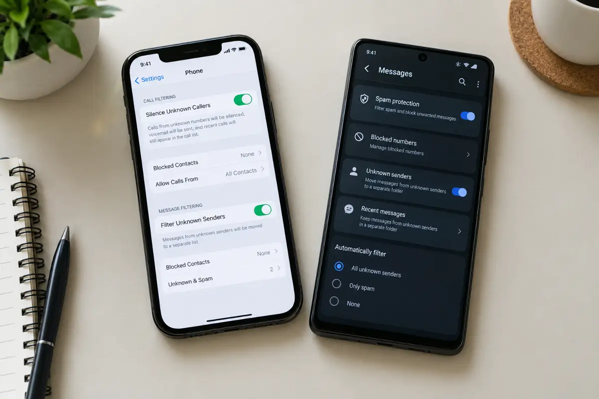 iPhone and Android phones showing spam call and message filtering controls