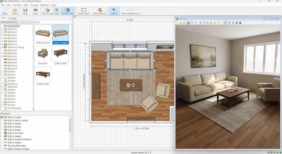 Τοποθέτηση επίπλων σε σαλόνι μέσα στο Sweet Home 3D