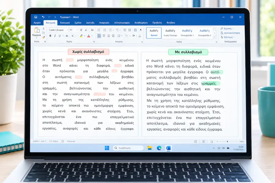 Σύγκριση ελληνικού κειμένου στο Word πριν και μετά την ενεργοποίηση του συλλαβισμού